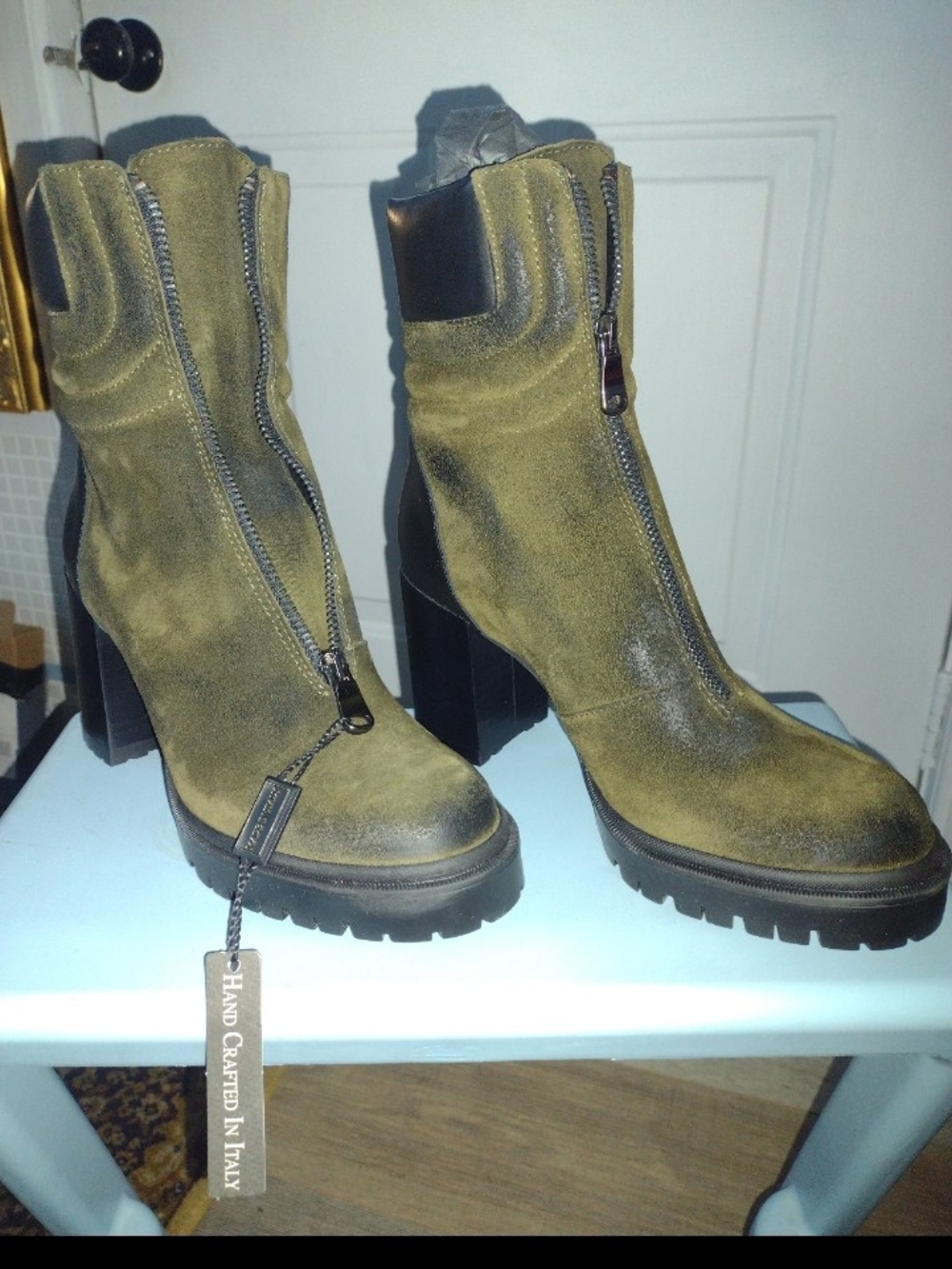 Olive Suede Front-Zip Block Heel Moto Boots. Italy